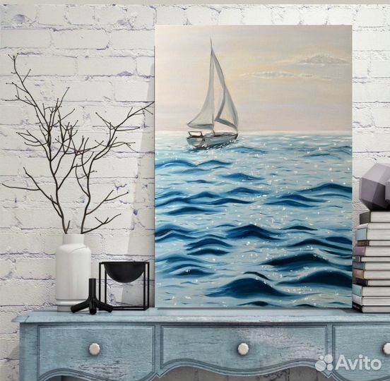 Картина маслом, 50см на 70см, Парусник