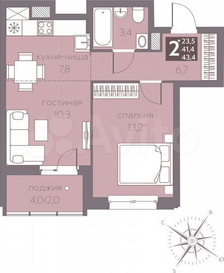 2-к. квартира, 43,4 м², 5/16 эт.