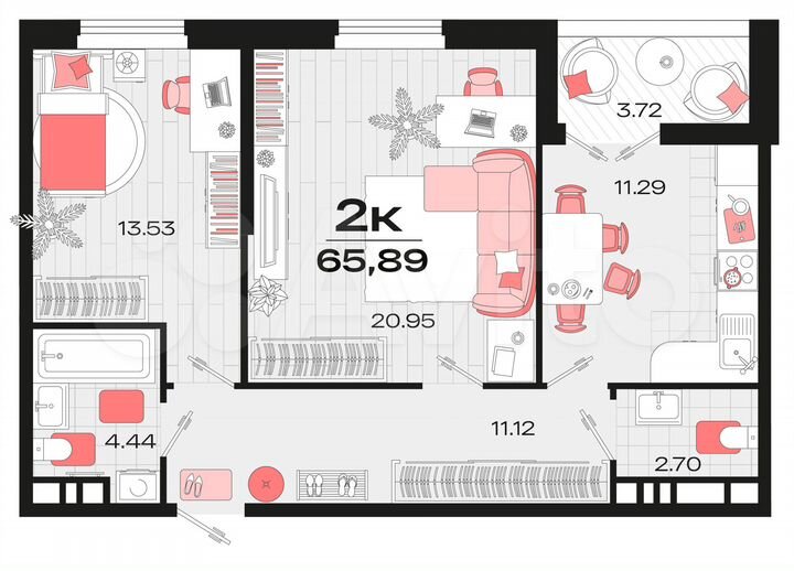 2-к. квартира, 65,2 м², 11/14 эт.