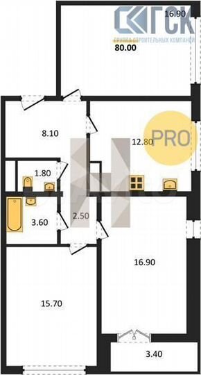 3-к. квартира, 80 м², 4/15 эт.