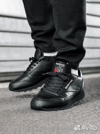 Кроссовки Reebok classic black кожа мужские