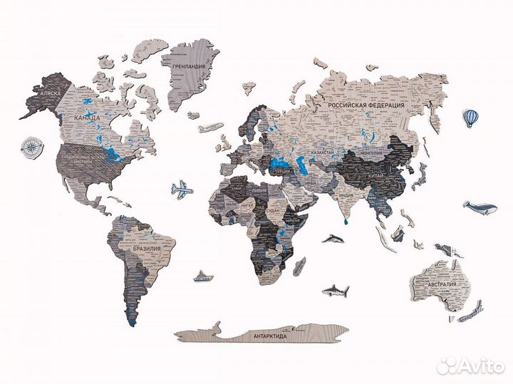 Деревянная карта мира из дерева на стену, Улан-Удэ