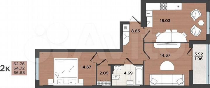 2-к. квартира, 64,8 м², 1/9 эт.