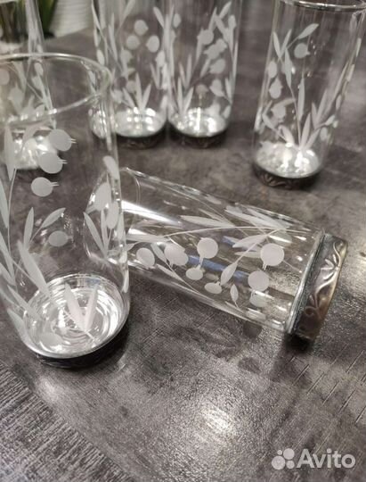 Хрусталь СССР рюмки 6шт мельхиоровое дно h-9,5см