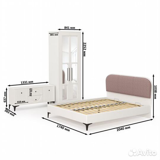 Гарнитур спальный с тв-тумбой и шкафом и кроватью с мягкой спинкой Валенсия № 42, цвет белый шагрень