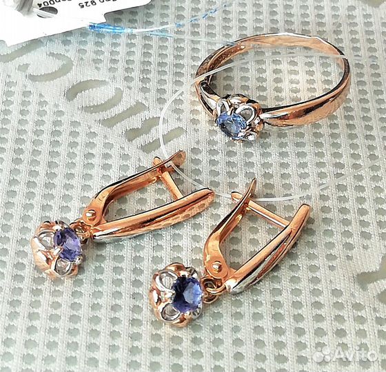 Серьги, кольцо серебро танзанит разм.17,5 С144