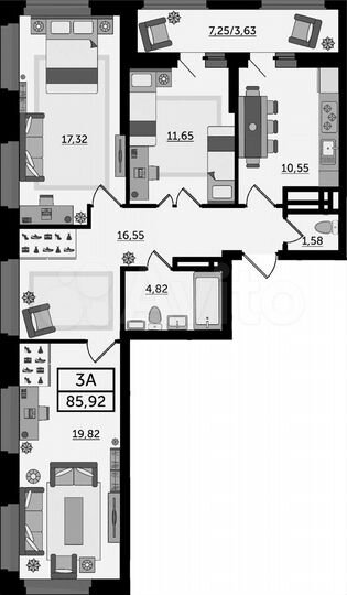3-к. квартира, 86 м², 2/23 эт.