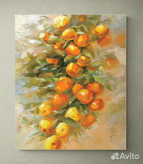Картина маслом Мандарины дерево оранжевый бежевый