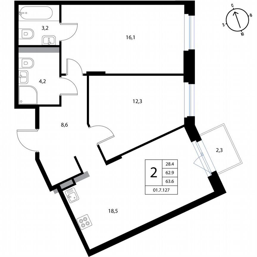 2-к. квартира, 63,6 м², 3/3 эт.