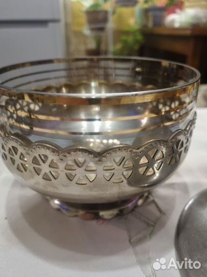 Конфетница сахарница винтажн,мельхиор/стекло, СССР