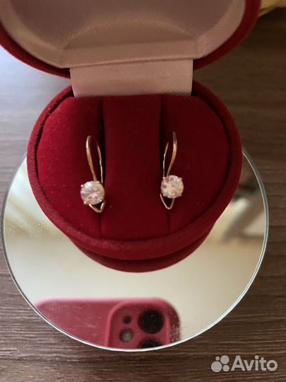 Золотые серьги СССР 585 проба, камень фианит