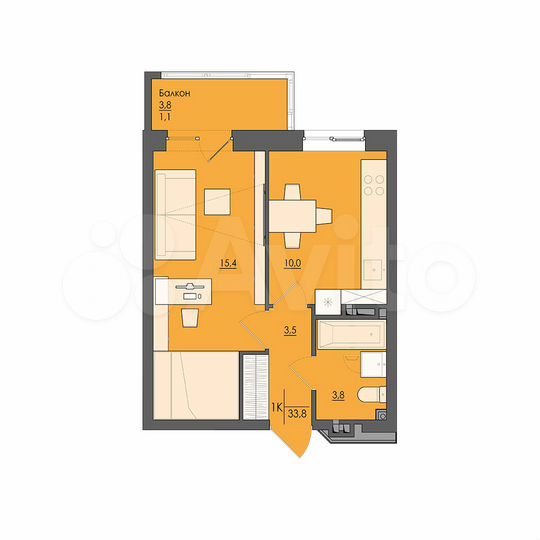 1-к. квартира, 34 м², 1/8 эт.