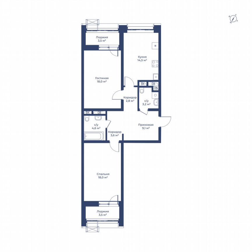 2-к. квартира, 77,4 м², 2/14 эт.