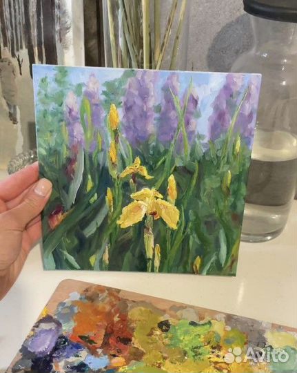 Картина с цветами маслом на холсте 20х20 ирисы