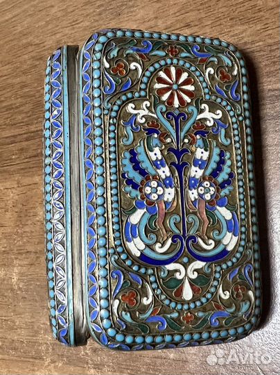 Портсигар старинный в эмалях. Серебро 84 пробы