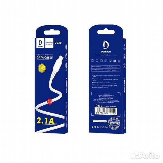 Кабель denmen D23V microUSB 2.4A 2m White