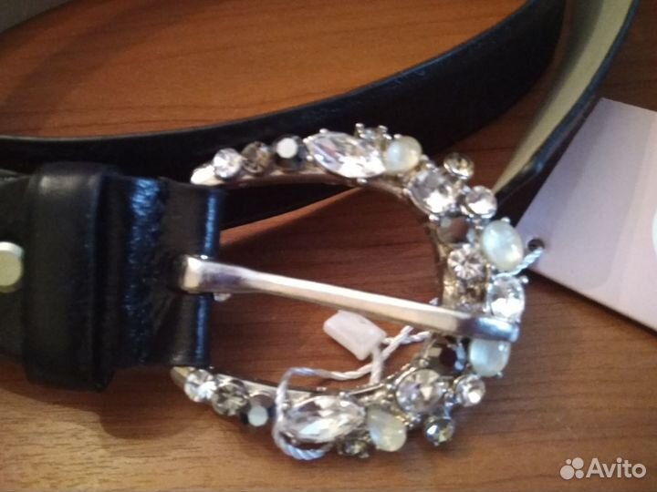 Ремень женский чёрный натуральная кожа с камнями