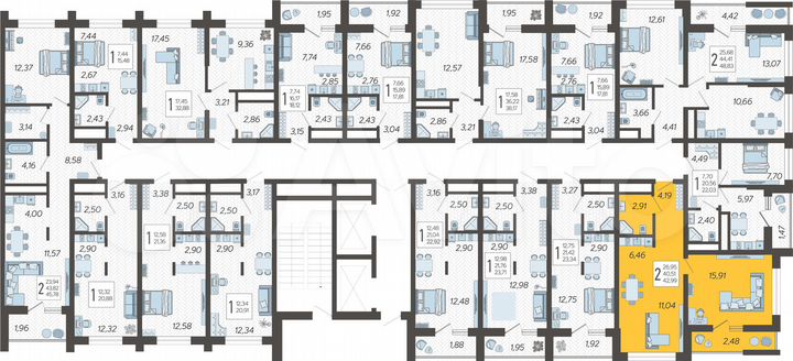 2-к. квартира, 43 м², 2/19 эт.