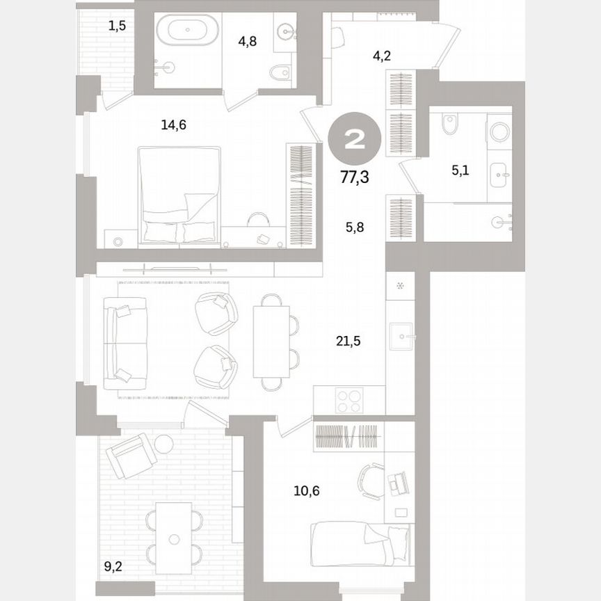 2-к. квартира, 76,8 м², 6/15 эт.
