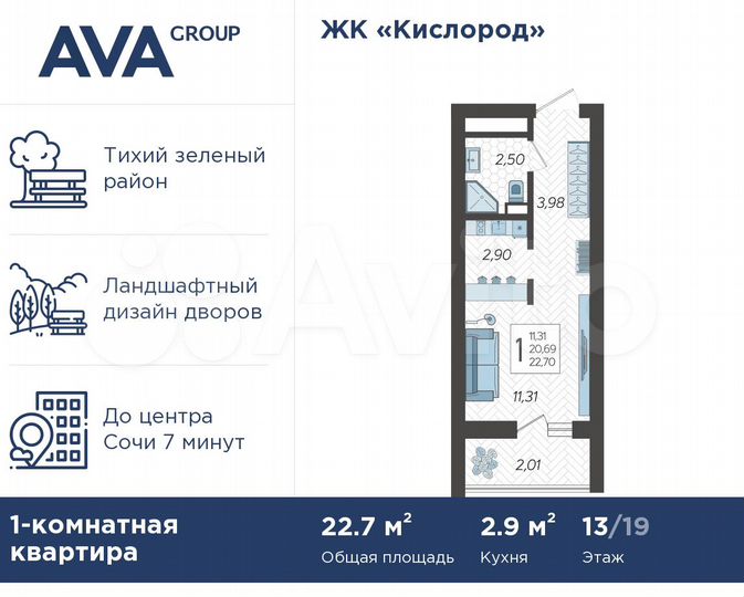 Квартира-студия, 22,7 м², 13/19 эт.