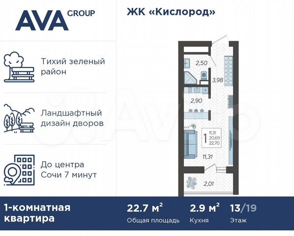 Квартира-студия, 22,7 м², 13/19 эт.