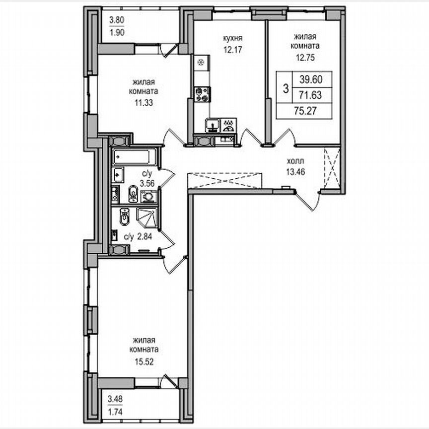 3-к. квартира, 73,9 м², 11/27 эт.