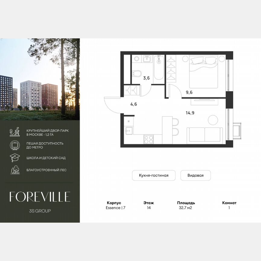 1-к. квартира, 32,7 м², 14/17 эт.