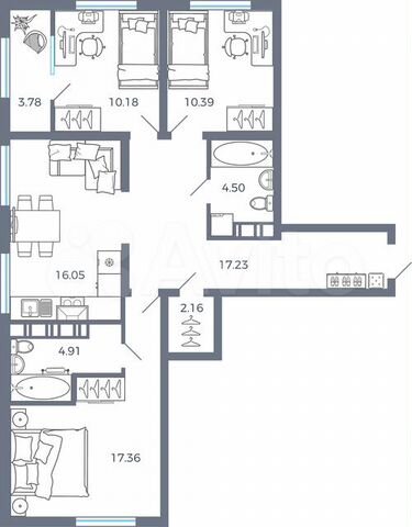 3-к. квартира, 86,6 м², 6/17 эт.