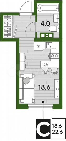Квартира-студия, 22,6 м², 3/16 эт.