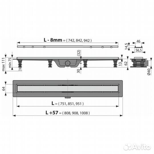 Душ лоток Alcaplast APZ20-750 решетка нерж/плитка