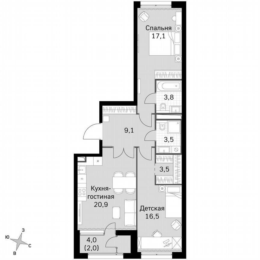 2-к. квартира, 76,6 м², 8/8 эт.