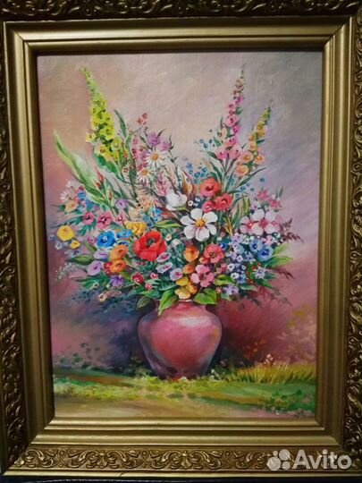 Картина маслом Букет полевых цветов на траве