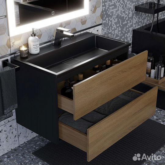 Тумба с черной раковиной черный/дуб соном