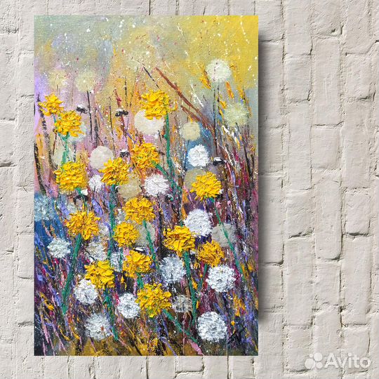 Картина маслом Одуванчики Полевые цветы