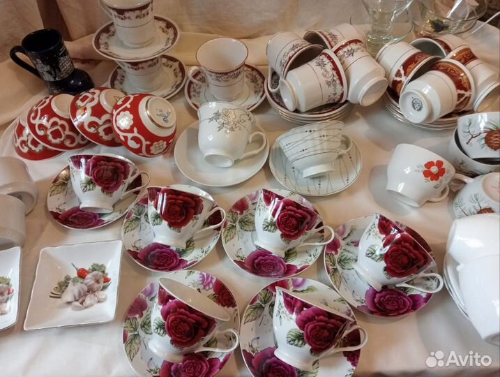 Посуда, чайные пары, салатники, хрусталь