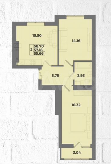 2-к. квартира, 58,7 м², 6/10 эт.