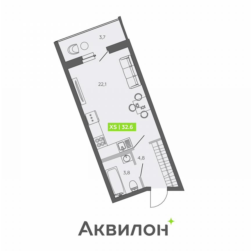 Квартира-студия, 32,6 м², 1/13 эт.