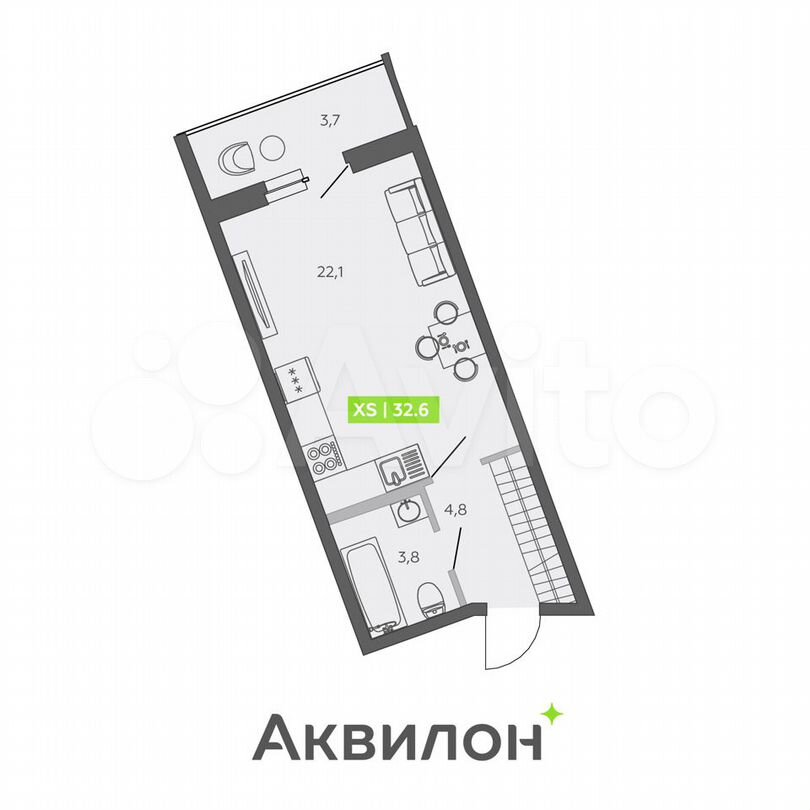 Квартира-студия, 32,6 м², 1/13 эт.