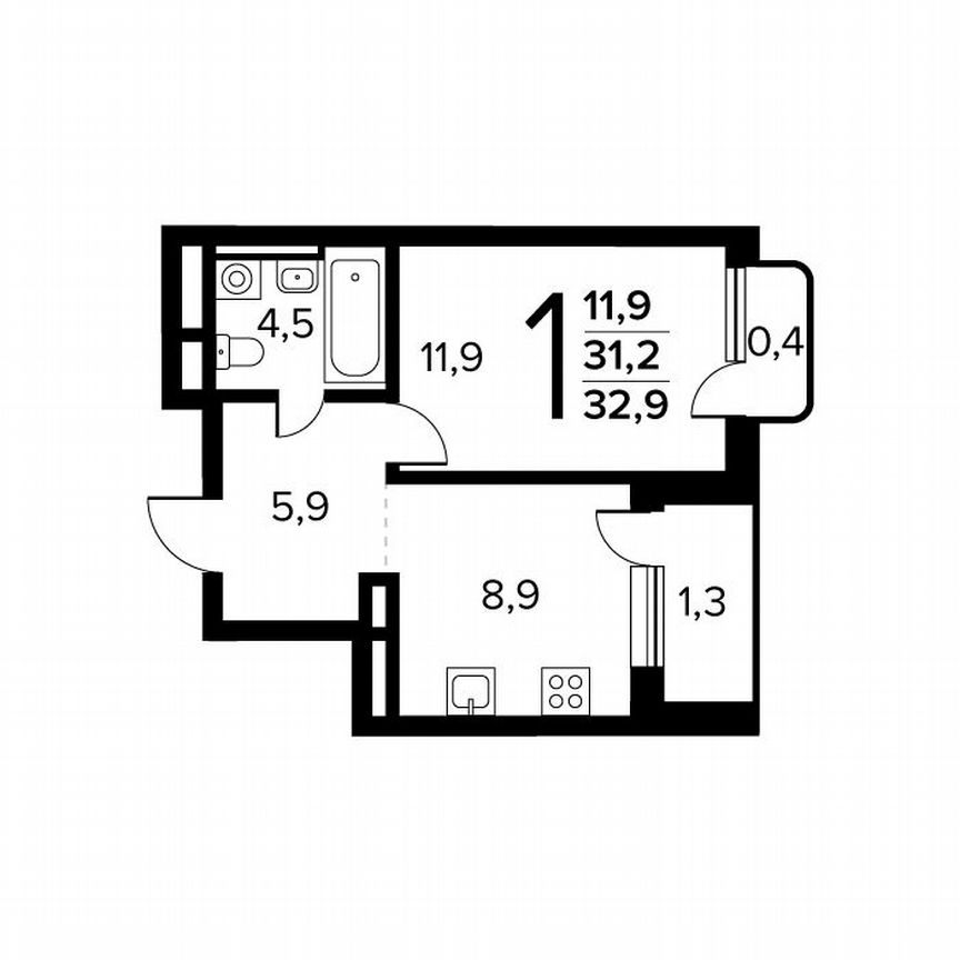 1-к. квартира, 32,9 м², 11/14 эт.