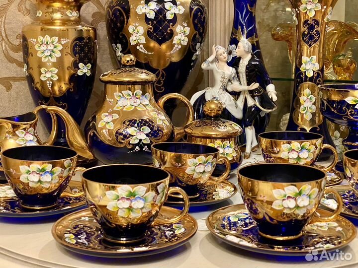 Сервиз чайный Богемия (кобальт) винтаж. Статуэтка