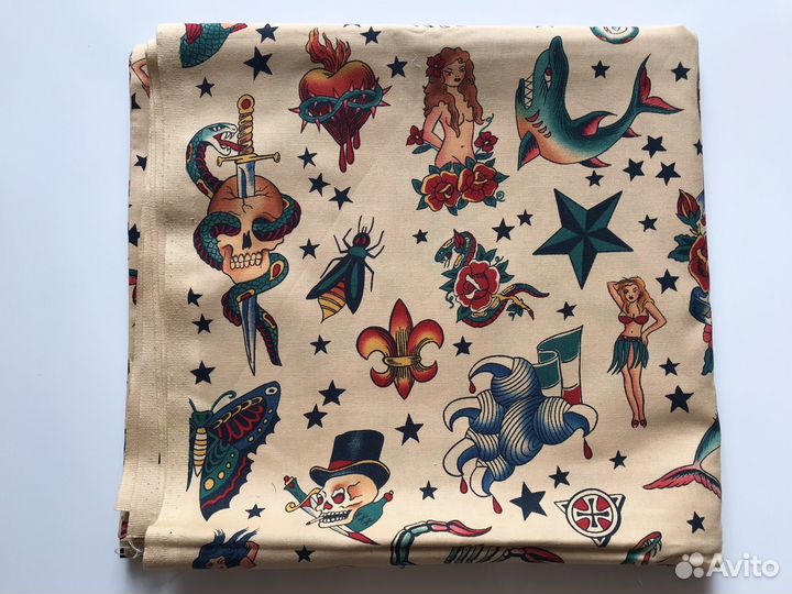 Ткань англия, винтажная, с тату орнаментом