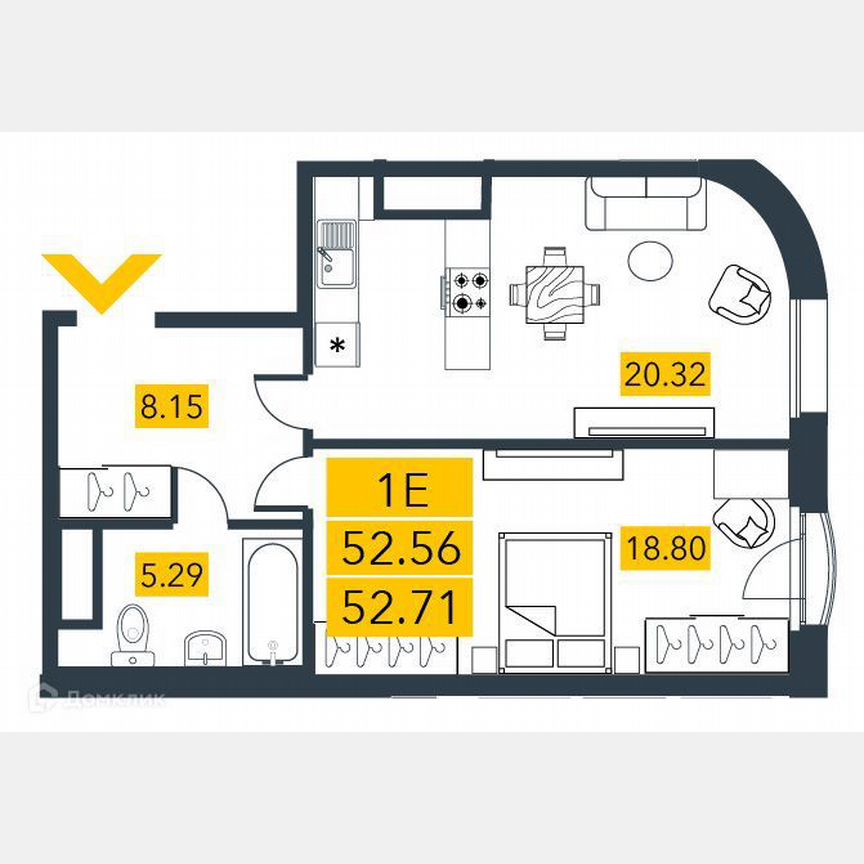 1-к. квартира, 52,6 м², 3/7 эт.