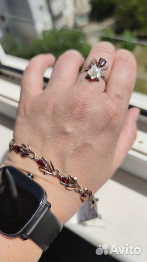 Серебро позолота комплект гранаты жемчуг перламутр