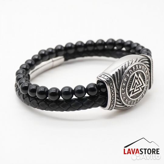 Мужской браслет Валькнут из черного оникса и кожи