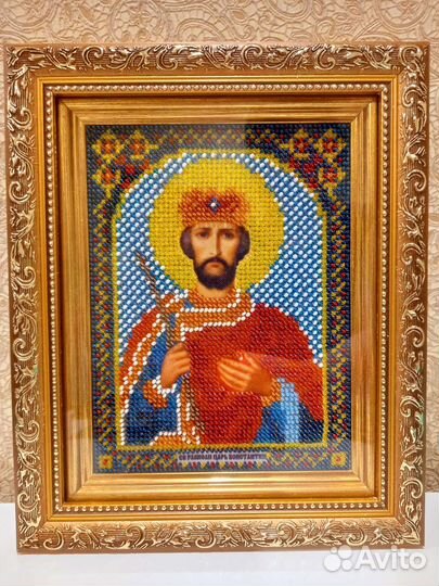 Именная икона вышитая бисером Святой Константин