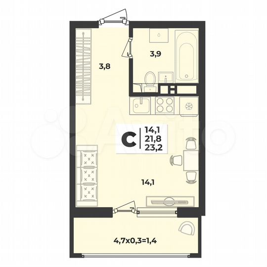 Квартира-студия, 23,2 м², 2/9 эт.