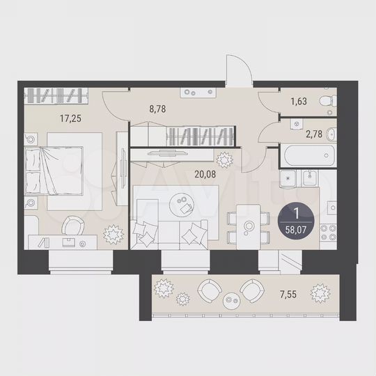 1-к. квартира, 58,1 м², 3/10 эт.