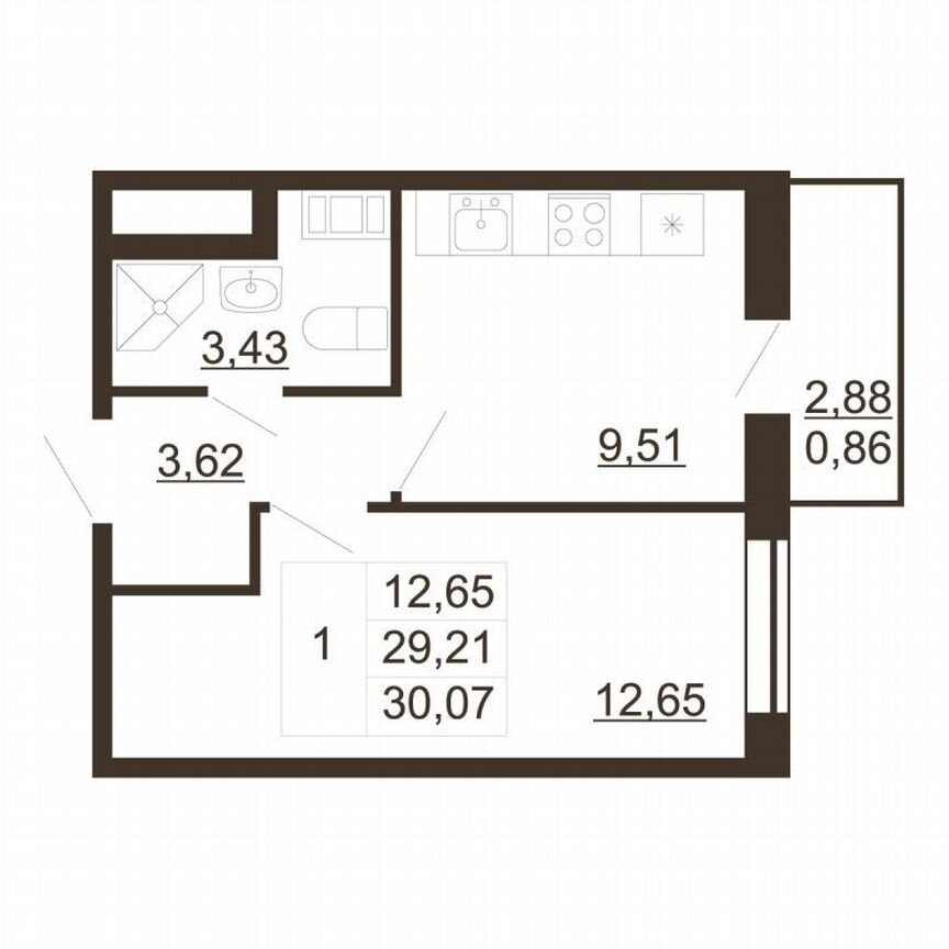 1-к. квартира, 30,1 м², 2/6 эт.