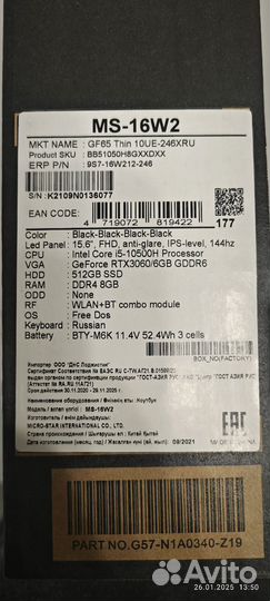 Игровой ноутбук MSI GF65 Thin 10UE-246XRU