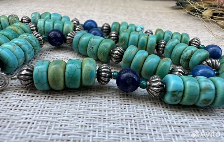 Ожерелье бусы бирюза лазурит серебро 925 винтаж